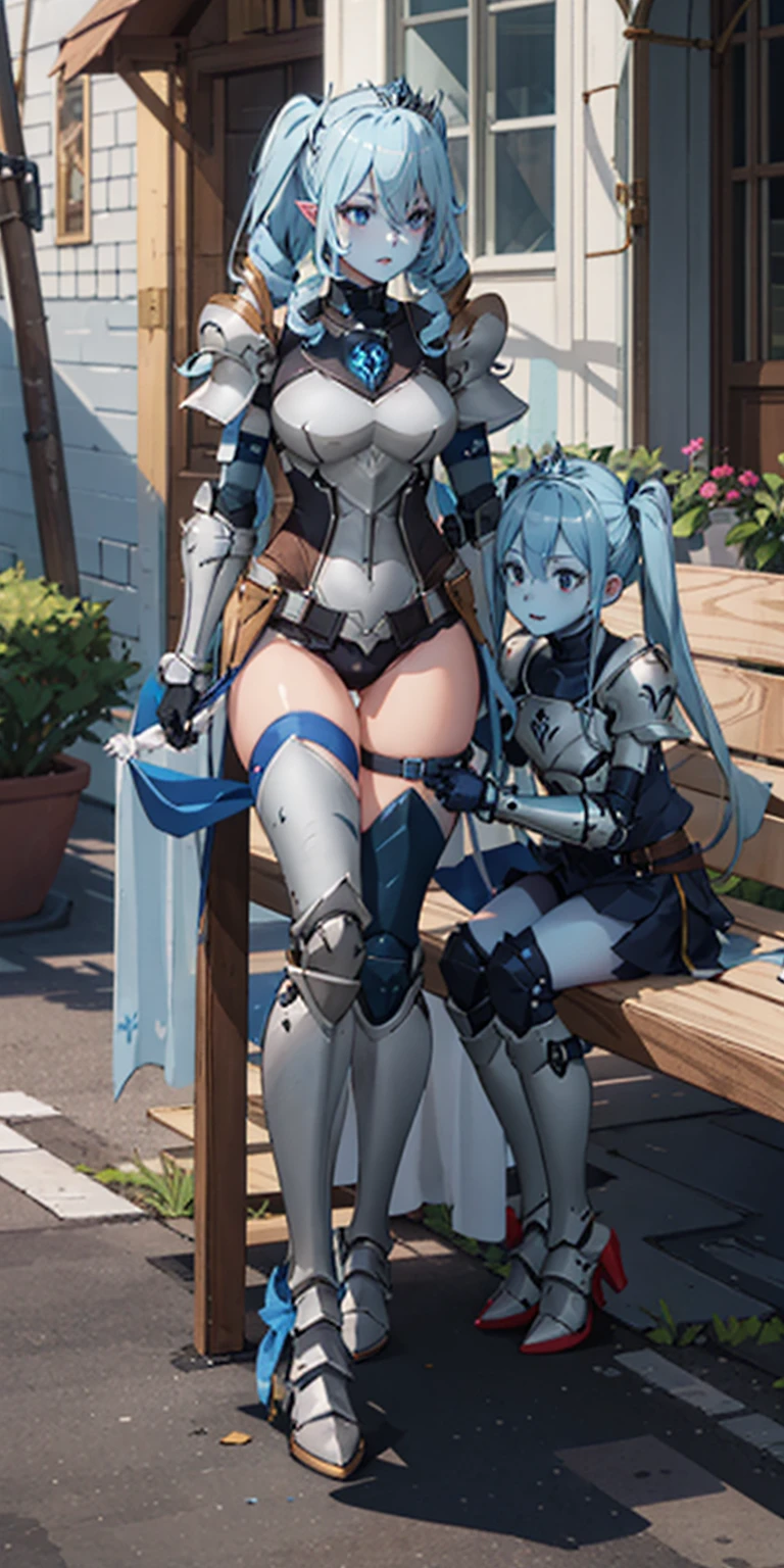 full body sitting on a bench showing ass to me, BLUE breastplate, BLUE skin (1girl)(BLUE skin:1.2) full body armor, thigh highs, high boots, pauldrons shoulder armor, faulds, poleyn, gloves, gauntlets, rerebrace armored boots, yordle pointy ears muscular lean platinum blonde long twin-tails hairstyle, strong abs, female body builder, tiara, twin drills hair