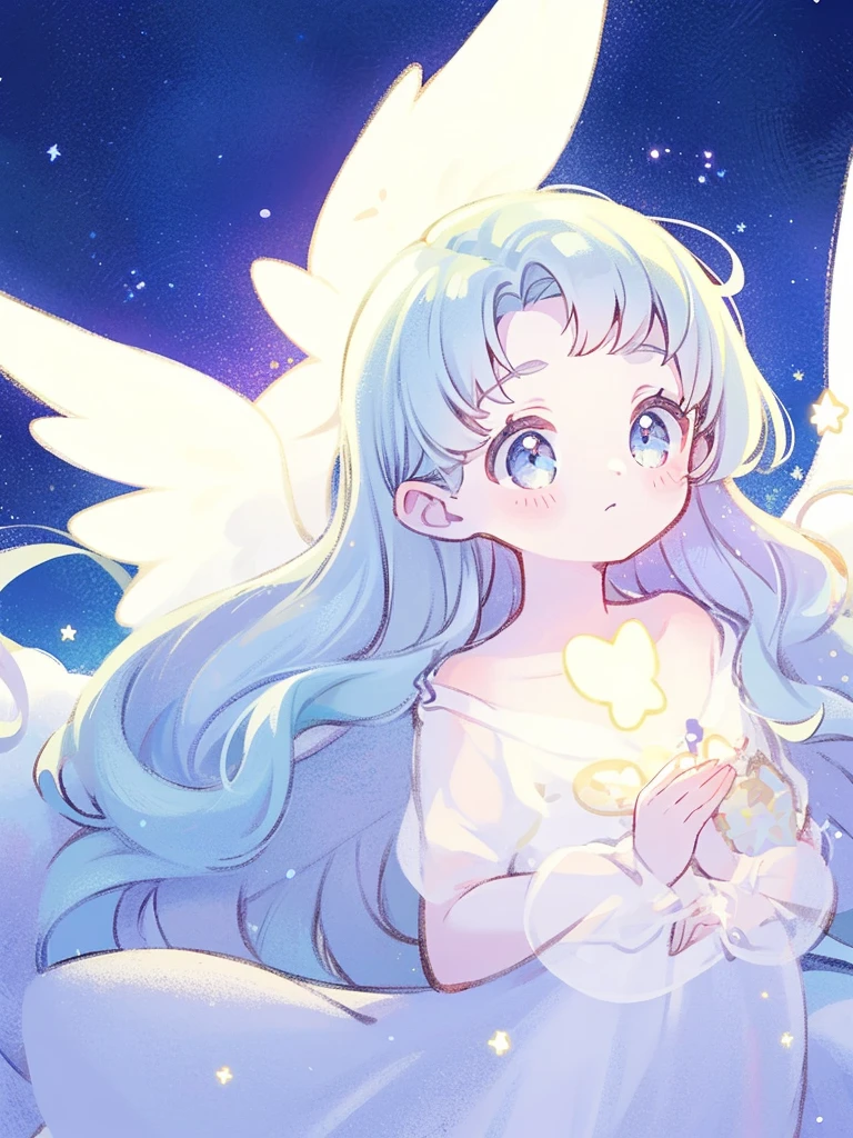 nude angel girl wearing an ethereal translucent dress, pale skin, ((blue mint wavy hair)), white feathers, angel wings, sparkling detailed eyes, golden ratio face, perfect composition, highly detailed, ethereal, (starry night sky background), midjourney style