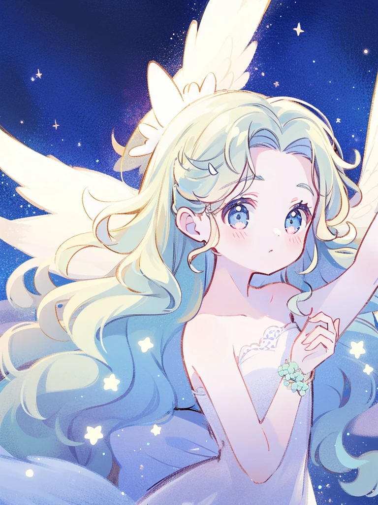 nude angel girl wearing an ethereal translucent dress, pale skin, ((blue mint wavy hair)), white feathers, angel wings, sparkling detailed eyes, golden ratio face, perfect composition, highly detailed, ethereal, (starry night sky background), midjourney style