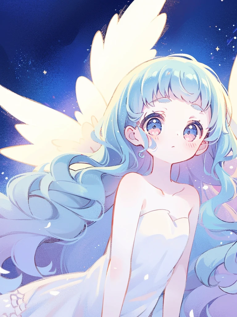 nude angel girl wearing an ethereal translucent dress, pale skin, ((blue mint wavy hair)), white feathers, angel wings, sparkling detailed eyes, golden ratio face, perfect composition, highly detailed, ethereal, (starry night sky background), midjourney style