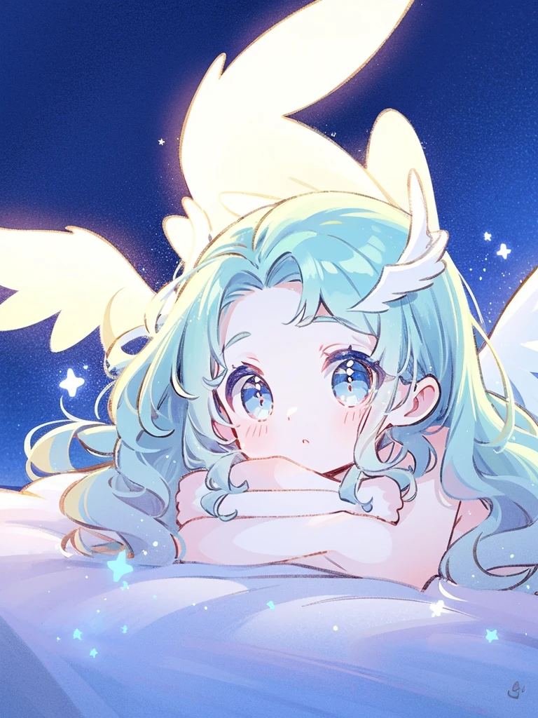 nude angel girl wearing an ethereal translucent dress, pale skin, ((blue mint wavy hair)), white feathers, angel wings, sparkling detailed eyes, golden ratio face, perfect composition, highly detailed, ethereal, (starry night sky background), midjourney style