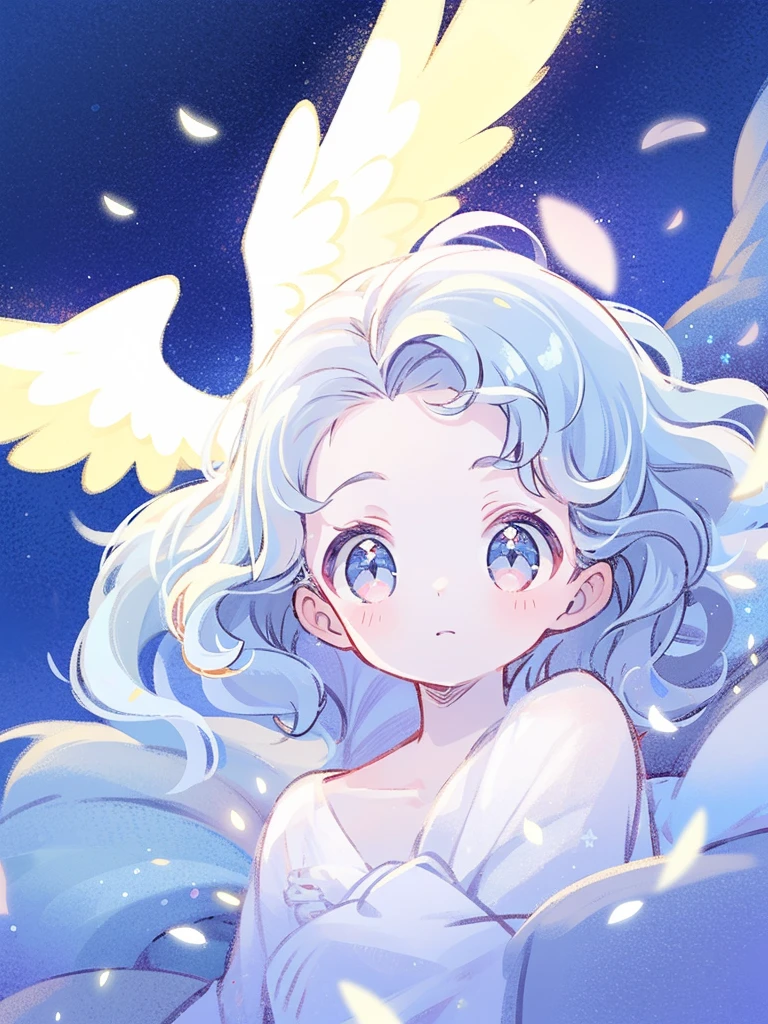 nude angel girl wearing an ethereal translucent dress, pale skin, ((blue mint wavy hair)), white feathers, angel wings, sparkling detailed eyes, golden ratio face, perfect composition, highly detailed, ethereal, (starry night sky background), midjourney style
