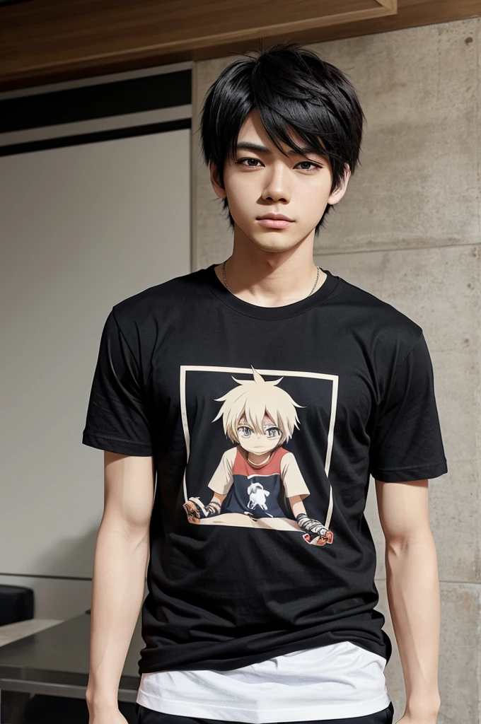 A 2D anime character he is wearing simple t- shirt and provide the boy image is full