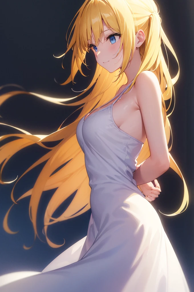 (masterpiece:1.3), (best quality:1.2), (8k, ultra detailed, ultra high res:1.2), ((anime style)), perfect anatomy,
1girl,
BREAK long hair, wavy hair, blonde hair, blue eyes,
medium breasts, camisole, (Sequins, white Sequins:1.2),
BREAK smile, (gazing skyward:1.5), standing, (arms behind back:1.3), (from side:1.3),
cowboy shot,
black background,