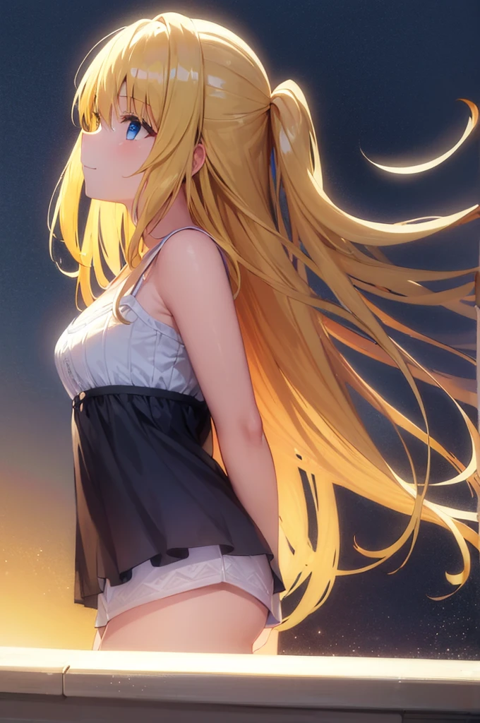 (masterpiece:1.3), (best quality:1.2), (8k, ultra detailed, ultra high res:1.2), ((anime style)), perfect anatomy,
1girl,
BREAK long hair, wavy hair, blonde hair, blue eyes,
medium breasts, camisole, (Sequins, white Sequins:1.2),
BREAK smile, (gazing skyward:1.5), standing, (arms behind back:1.3), (from side:1.3),
cowboy shot,
black background,