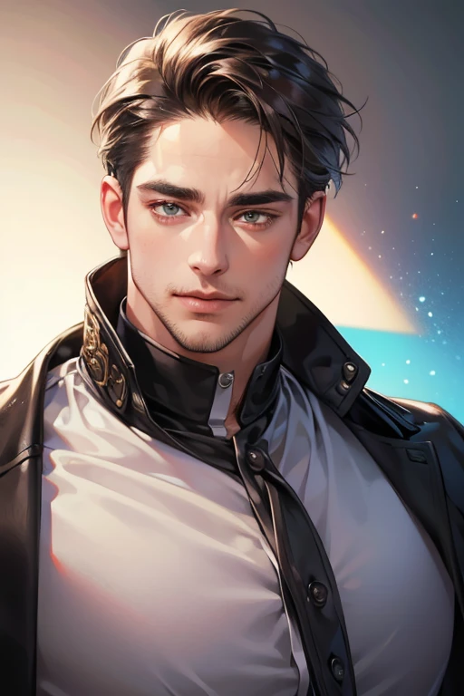 (best quality,4k,8k,highres,masterpiece:1.2),ultra-detailed,(realistic,photorealistic,photo-realistic:1.37),30 year old man,3 day beard,handsome anime,portraits,strong,masculine,dark hair,sharp jawline,mesmerizing eyes,perfectly styled hair,cool anime outfit,confident expression,vibrant colors,dynamic lighting, CEO and expression smile in love.