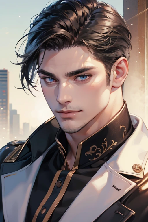 (best quality,4k,8k,highres,masterpiece:1.2),ultra-detailed,(realistic,photorealistic,photo-realistic:1.37),30 year old man,3 day beard,handsome anime,portraits,strong,masculine,dark hair,sharp jawline,mesmerizing eyes,perfectly styled hair,cool anime outfit,confident expression,vibrant colors,dynamic lighting, CEO and expression smile in love.

