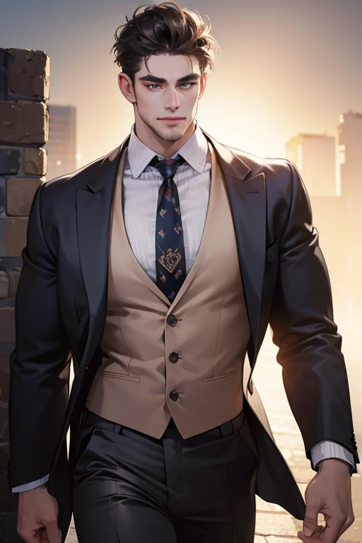 (best quality,4k,8k,highres,masterpiece:1.2),ultra-detailed,(realistic,photorealistic,photo-realistic:1.37),30 year old man,3 day beard,handsome anime,portraits,strong,masculine,dark hair,sharp jawline,mesmerizing eyes,perfectly styled hair,cool anime outfit,confident expression,vibrant colors,dynamic lighting, CEO and expression smile in love.