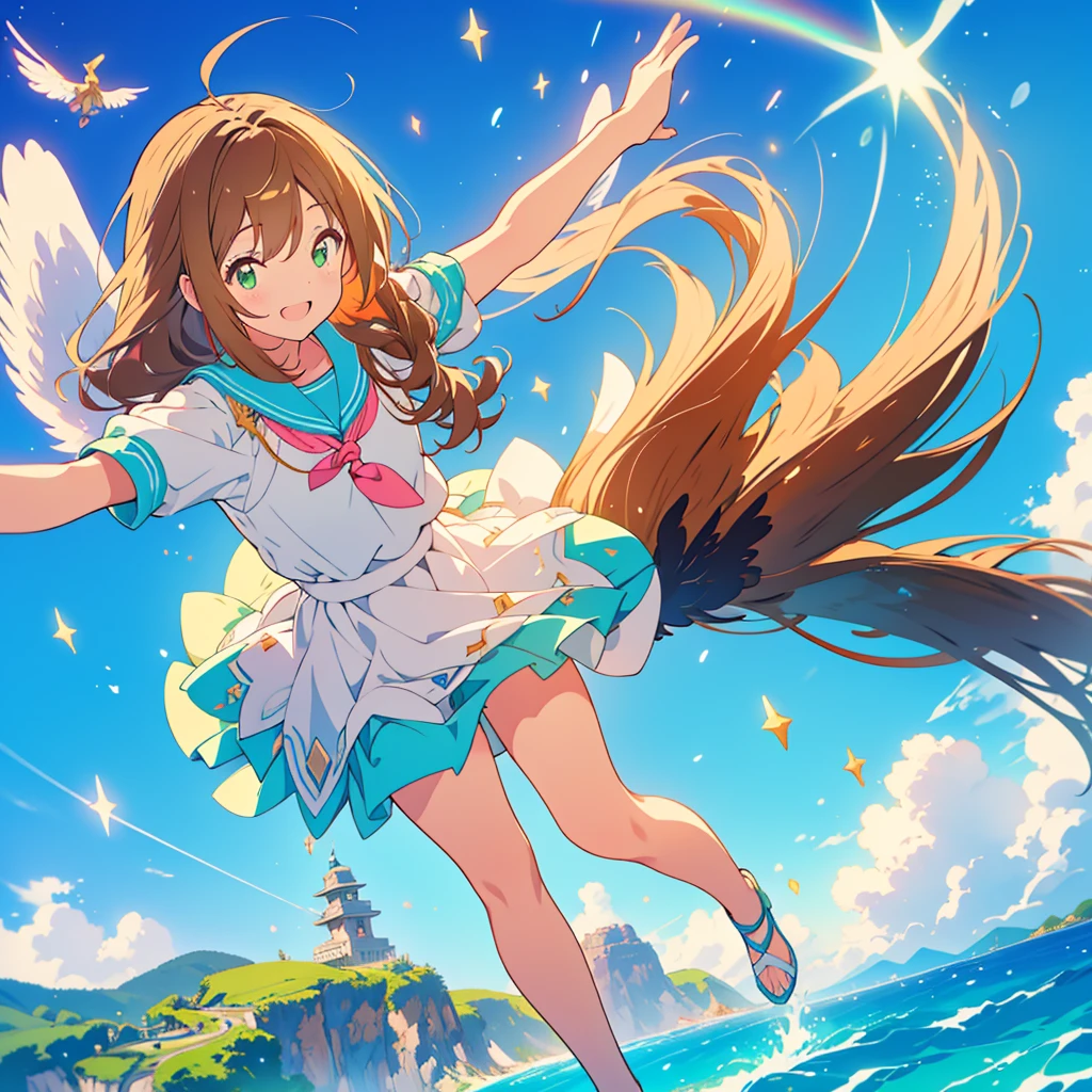 kawaii, anime, Cute, hyper quality, highly detailed, 8k, Front facing, Clarity, brown long hair, green eyes, smile, whole body, heaven, Rainbow colored wings on the back, particles of light, sky background, flapping its wings, Pose with movement, Fantastic, heaven, fantasy, water, Clearly depict facial expressions, fly into the sky, Richly colored, above the sky, Heaven, above the clouds, Composition overlooking the ground, look up at the sky, island country, sparkling sea, sparkling light, dancing in the air, fly off the ground, far away from the ground, jump, 