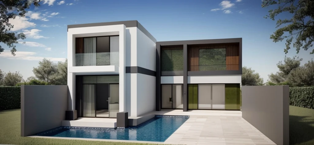 PLATEFORME KTHOUSE, 1 deadly villa, villa main material about color wall construction:1.2 glass panels:1.1 and stone:1.2, 1 large courtyard, 1 road passes in front of the house, (Photo brute, real, best quality, head of'artwork:1.2), avoir l'modern and minimalist look, 1 route devant la maison, dynamic lighting:1.3, (hyper realistic, photo-realistic:1.2), High quality, (dark lighting:1.2), perfect lighting, archquotidiennement, no'humain