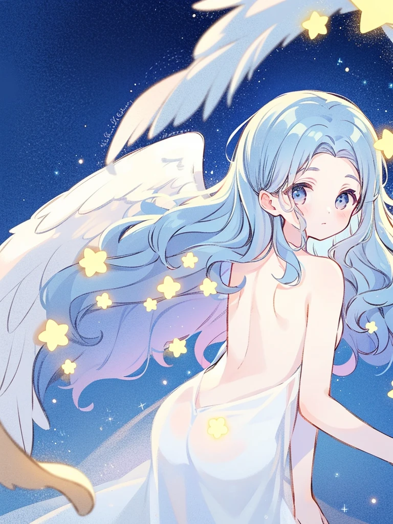 nude angel girl wearing an ethereal translucent dress, pale skin, ((blue mint wavy hair)), white feathers, angel wings coming from her back, sparkling detailed eyes, golden ratio face, perfect composition, highly detailed, ethereal, (starry night sky background), midjourney style