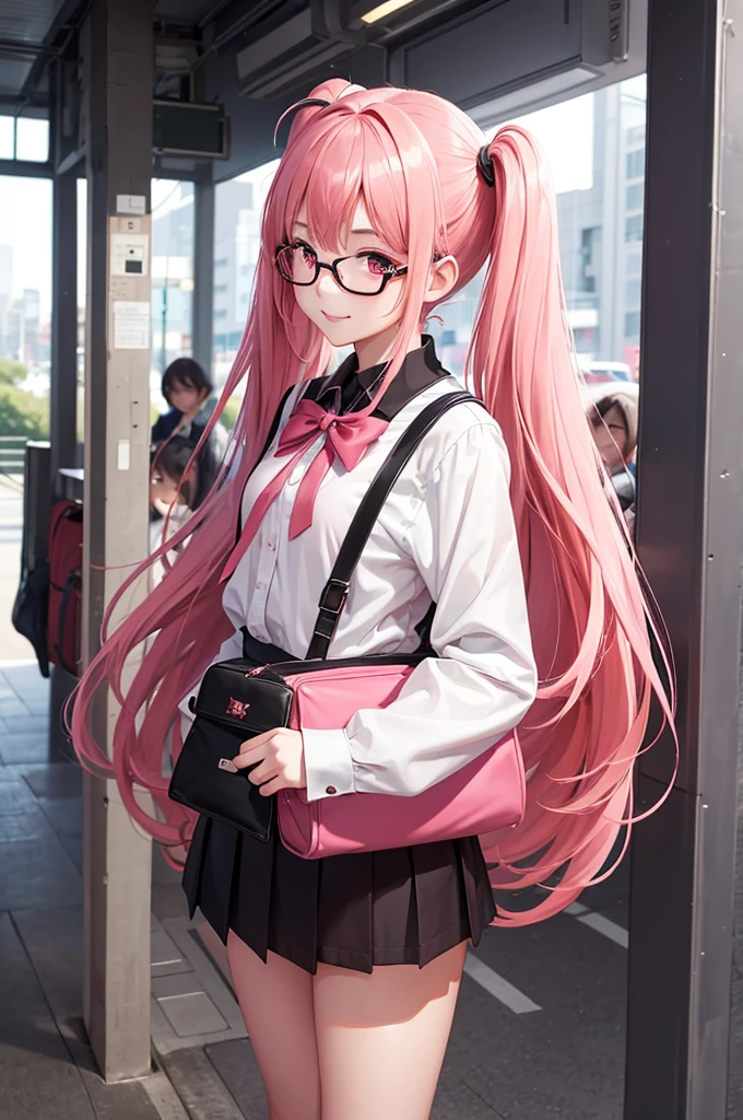 1girl, beautiful girl, cute girl and idol face, young face, smile, Beautiful long pink hair, twintails, Beautiful shining red eyes, white skin, slender, Short body, black-rimmed glasses, Japanese High School Girls' Uniforms, Schools, schoolyards, and commuting, school bag