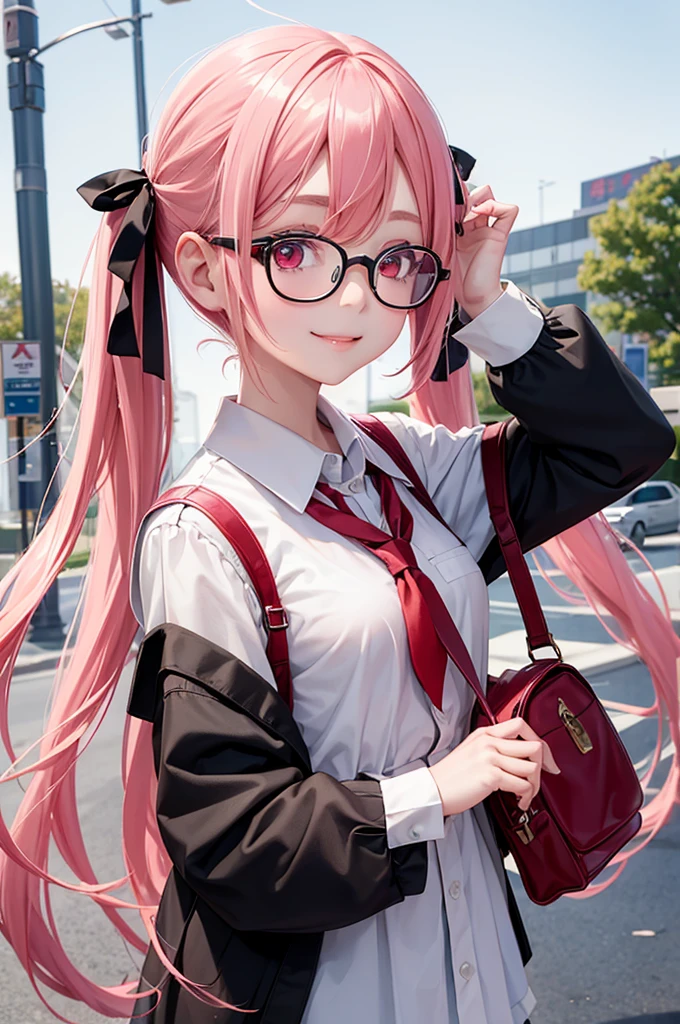 1girl, beautiful girl, cute girl and idol face, young face, smile, Beautiful long pink hair, twintails, Beautiful shining red eyes, white skin, slender, Short body, black-rimmed glasses, Japanese High School Girls' Uniforms, Schools, schoolyards, and commuting, school bag 
