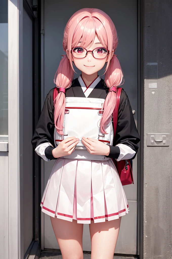 1girl, beautiful girl, cute girl and idol face, young face, smile, Beautiful long pink hair, twintails, Beautiful shining red eyes, white skin, slender, Short body, black-rimmed glasses, Japanese High School Girls' Uniforms, Schools, schoolyards, and commuting, school bag 