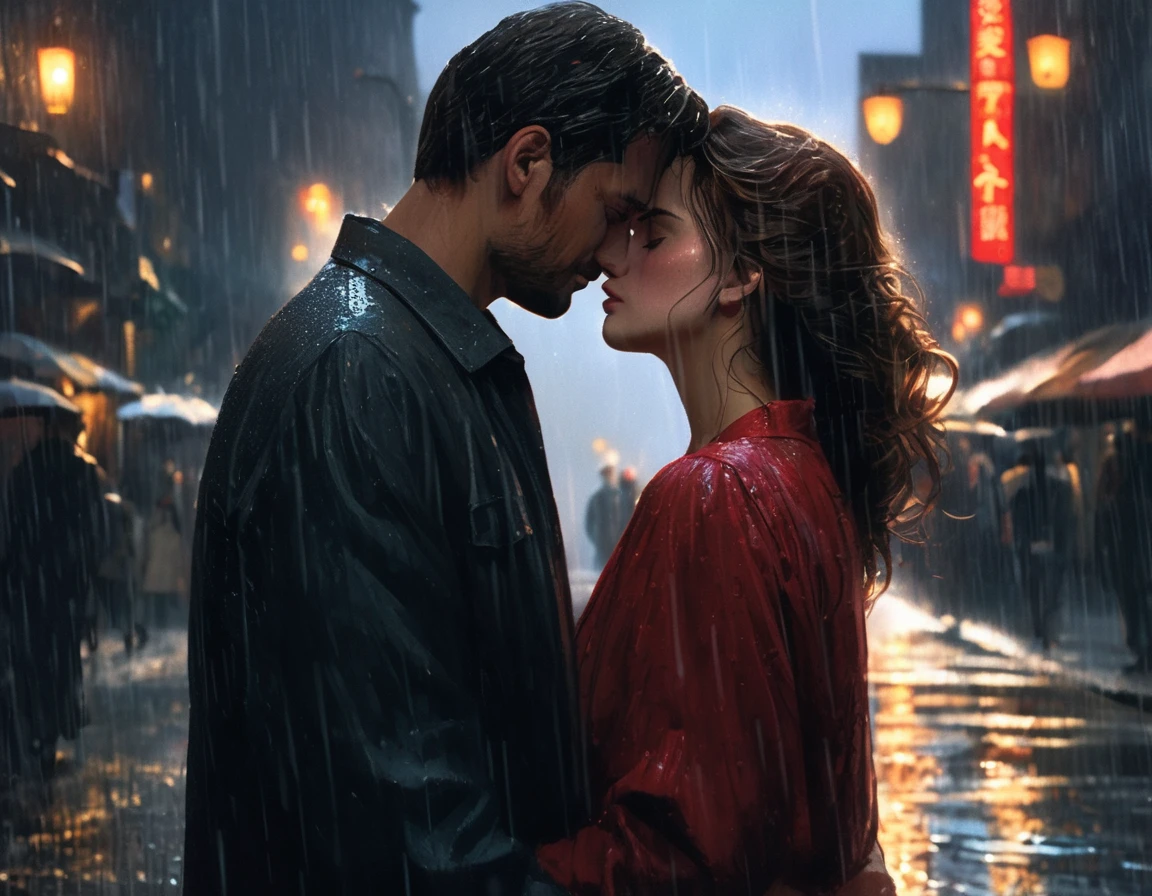 (very high quality CG art, Better lighting and shading techniques),2boy, 2 apaixonada, kissing hugging passionately in the rain at night, the water shining on your skin, A romantic and intimate scene, beautifully captured at a dynamic and engaging angle, brunette woman with Latin features, homem coreano.