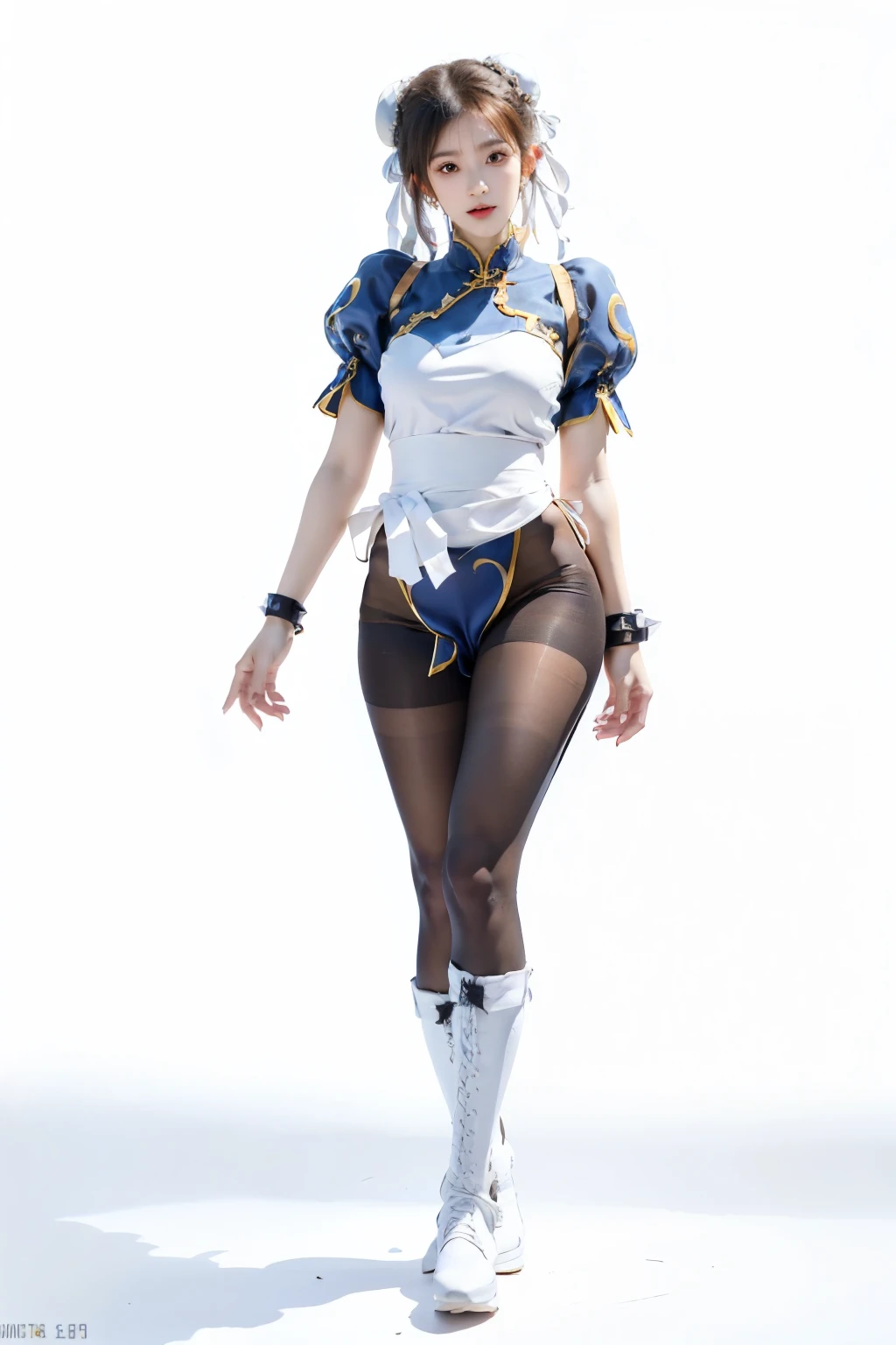 (full body:1.4), (A chun-li posing for a picture:1.4),tall, (hands on crotch:2),(gather legs:2),(shy:1.4),(white background:2),chun-li, (standing:2),Bun head,bun covers, boots, bracelet, brown pantyhose, china dress, blue china dress color, chinese clothes, blue china clothes color,cross-laced footwear, dress, gold trim, jewelry,20 denial pantyhose, brown pantyhose color,pelvic curtain, puffy sleeves, sash, short sleeves, side slit, spiked bracelet, spikes and white footwear, beauty face, big breast, thick tight