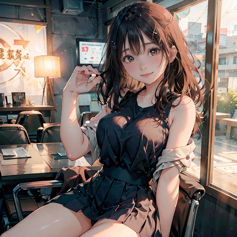 ((((highest quality)))), (((Ultra-precision CG 16K))), (((masterpiece))), (((Very detailed))), (((Extremely detailed))), (((Black outline:1.3, Written boundary depth:1.3 , Written soft outline))), Maximum clarity and sharpness,Multilayer Texture, Surface Shading, Cinematic lighting, Beautiful details sparkle ,Perfect Proportions, Limited to three woman, BREAK accurate, Anatomically correct, Highly detailed face and skin texture, drawn in detail, Highly detailed facial and skin texture, Detailed eyes, beautiful hair, Beautiful Japanese Idol face, Beautiful and beautiful eyes, Beautiful body, Beautiful breasts, Beautiful thighs, Beautiful legs, Beautiful fingers, (Beautiful views) , skinny body, ((Beautiful Skin)), ((Skin Texture)) , solo, limited one girl BREAK breast enlarged, medium Breasts, rocket breasts, (((perky breasts))), ((covered nipples)), slender waist, (smiling , narrow eyes, blush, determined expression, hot, sweaty , Heavy breathing,) BREAK ((streaked hair, hair intakes, colored inner hair, several hairstyles )) BREAK (((wearing oversized character printed tank top, wearing Jersey in a casual way, wearing pleats mini-skirt, pantyhose , breasts is covered by outfit))) , wearing earrings, BREAK ((Leaning back in the chair:1.3) , Stretching-upwards:1.3, stick breast out, cross legs),( a woman in the office room, serious, sit in an office chair, looking at display, bust up, cowboy shot),