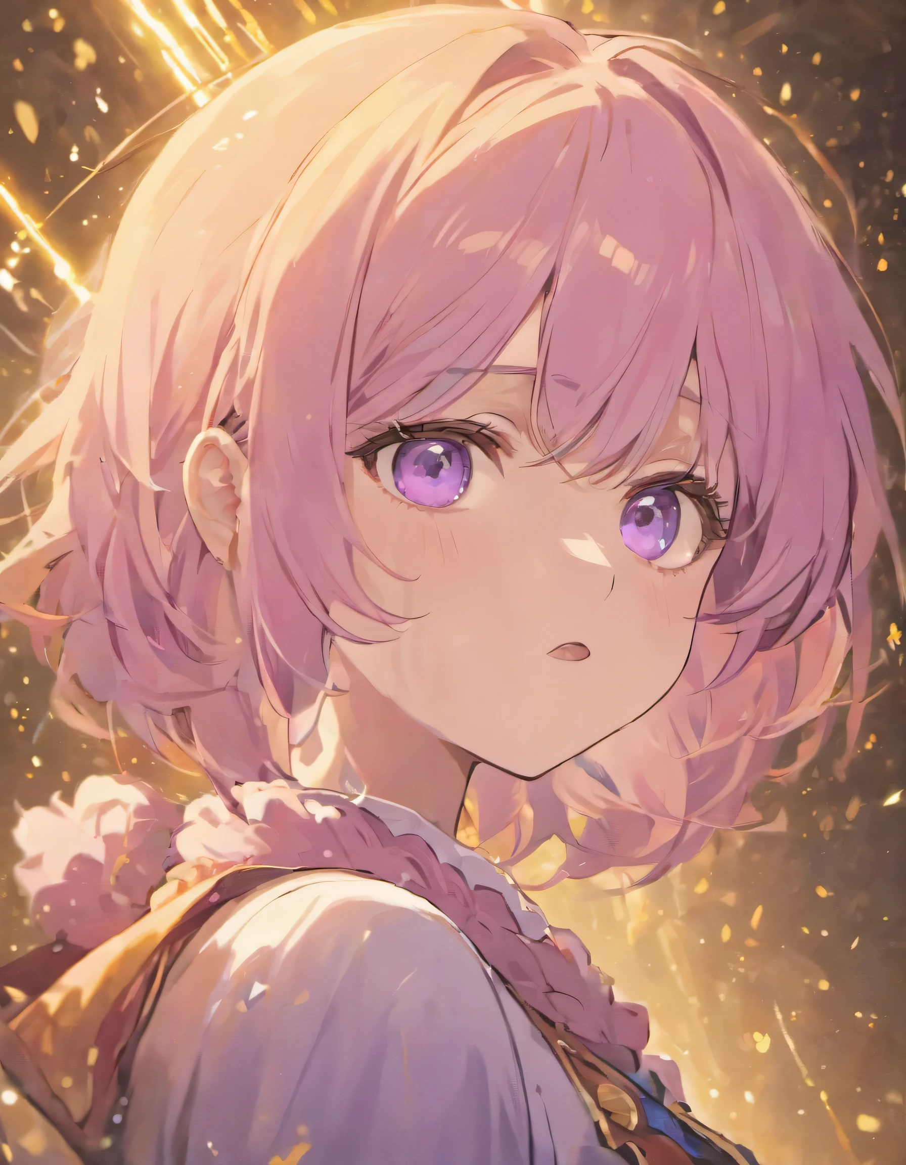 A character portrait of a tall person with medium-length, pale purple hair. Their eyes are golden, and there is a teardrop mole beneath their left eye. They are wearing a  and have a cold expression with narrow, slanted eyes. Additionally, they have a large bust.