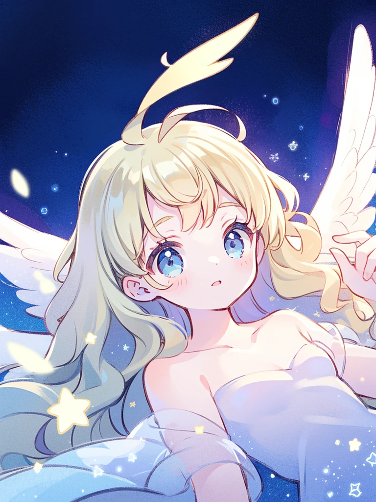 nude angel girl wearing an ethereal translucent dress, pale skin, ((blue mint wavy hair)), white feathers, angel wings, sparkling detailed eyes, golden ratio face, perfect composition, highly detailed, ethereal, (starry night sky background), midjourney style