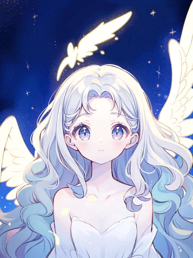 nude angel girl wearing an ethereal translucent dress, pale skin, ((blue mint wavy hair)), white feathers, angel wings, sparkling detailed eyes, golden ratio face, perfect composition, highly detailed, ethereal, (starry night sky background), midjourney style
