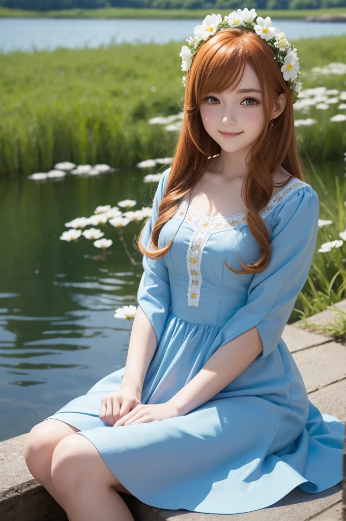 1 girl, russet hair,blue dress with white flowers,white flower on head,yellow eyes, sitting by a lake,Grinning,anime styling