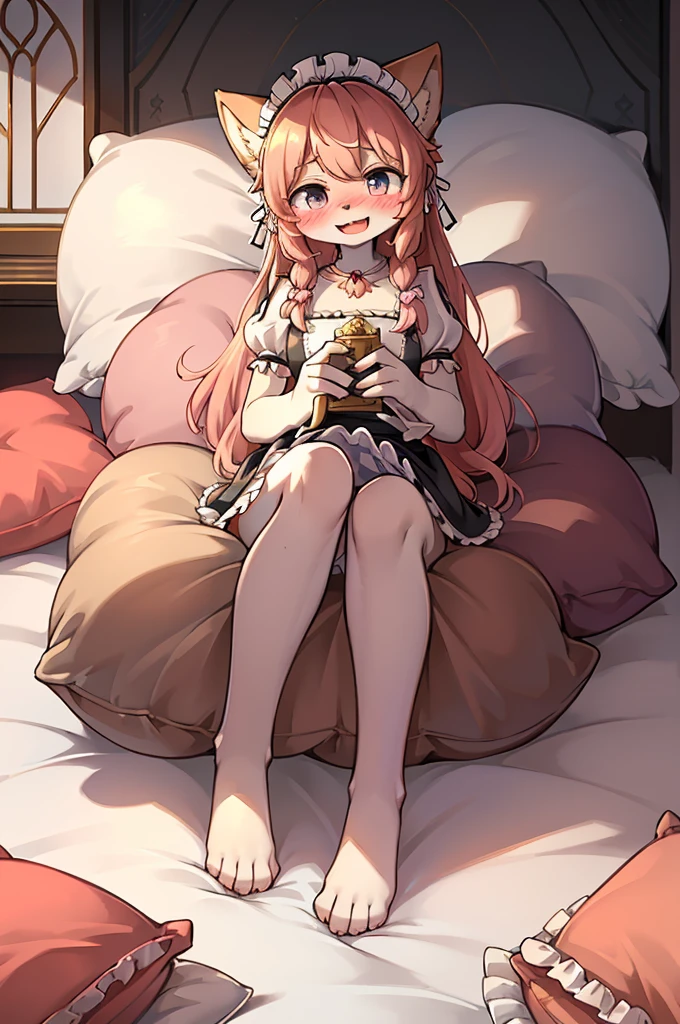 (masterpiece,best quality),Mine, The Beast, , (Light and shadow suitable for any pillow background)), 穿着Maid costume的可爱女孩在枕头上摆姿势, Maid costume,White,nature,, (blush),a smile,Pillow Head,(Lots of pillows),Soft seat cushion,(canopy bed),Soft pillow quotation,(Pillow damage),Lots of pillows,(Friction in the crotch),((Pillow Hump)),(Pillow Head),(A tail),,(Pink pillow),(Around the protagonist),steam,(Pillow Head),(),(Luxury pillows),(palace廷枕花纹枕头),(palace),(palace殿卧室),(Gorgeous pattern pillow),Soft pillows,,(Classical European style bedroom ),(excited,shy person,Lack of expressiveness,),,Pillow hump,,open mouth,