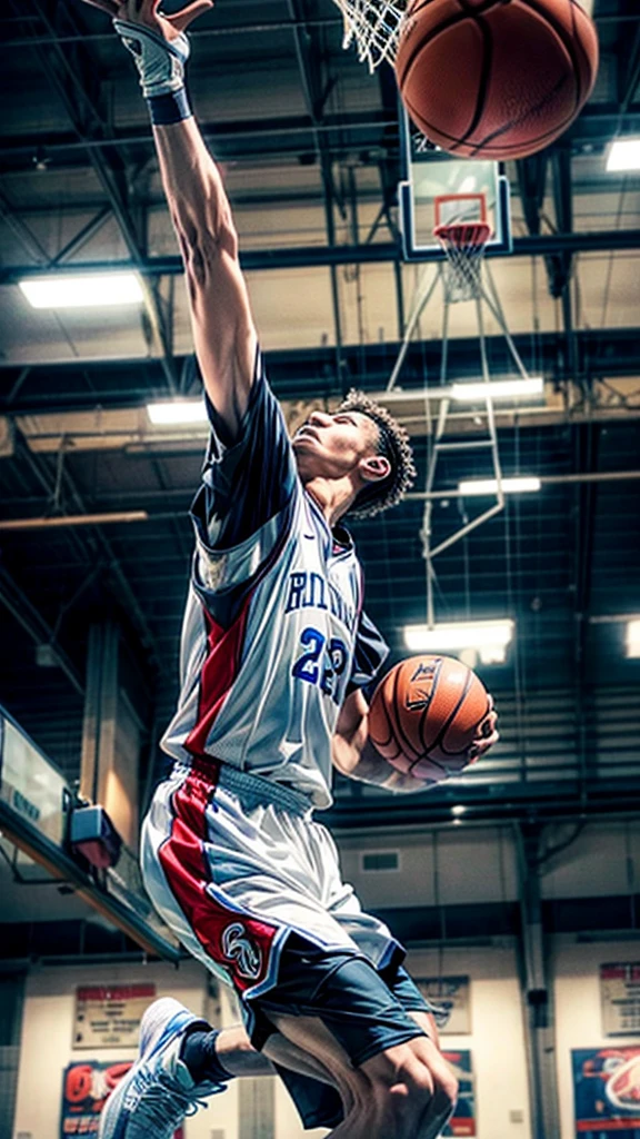 Elderly basketball player、He takes a decisive dunk shot and hangs from the hoop、From above、The spectators cheer