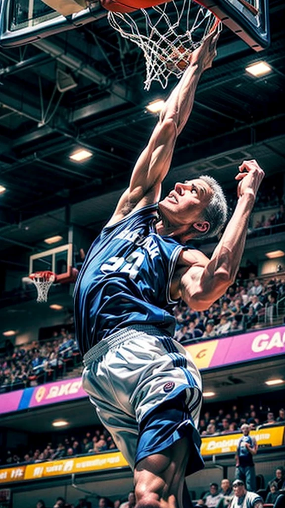 Elderly basketball player、He takes a decisive dunk shot and hangs from the hoop、From above、The spectators cheer