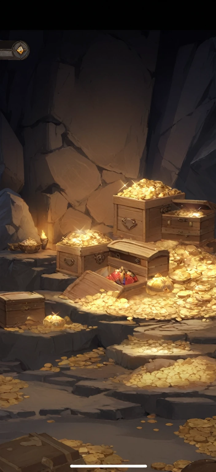 Photo of a chest of gold in a cave, Treasure Background, Gold and treasure, Detailed game art, Treasure Room, Hearthstone concept art, hiding large Treasure Box, blizzard Hearthstone concept art, Mobile game background, Detailed game art illustration, Treasure Box, stylized concept art