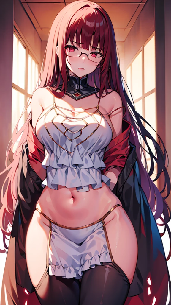 (Masterpiece), (best quality), A 20 year old female villain with long dark red hair, red eyes, chest, red commander hat, round glasses, black outfit, standing.