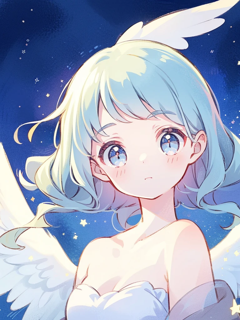 nude angel girl wearing an ethereal translucent dress, pale skin, ((blue mint wavy hair)), white feathers, angel wings, sparkling detailed eyes, golden ratio face, perfect composition, highly detailed, ethereal, (starry night sky background), midjourney style