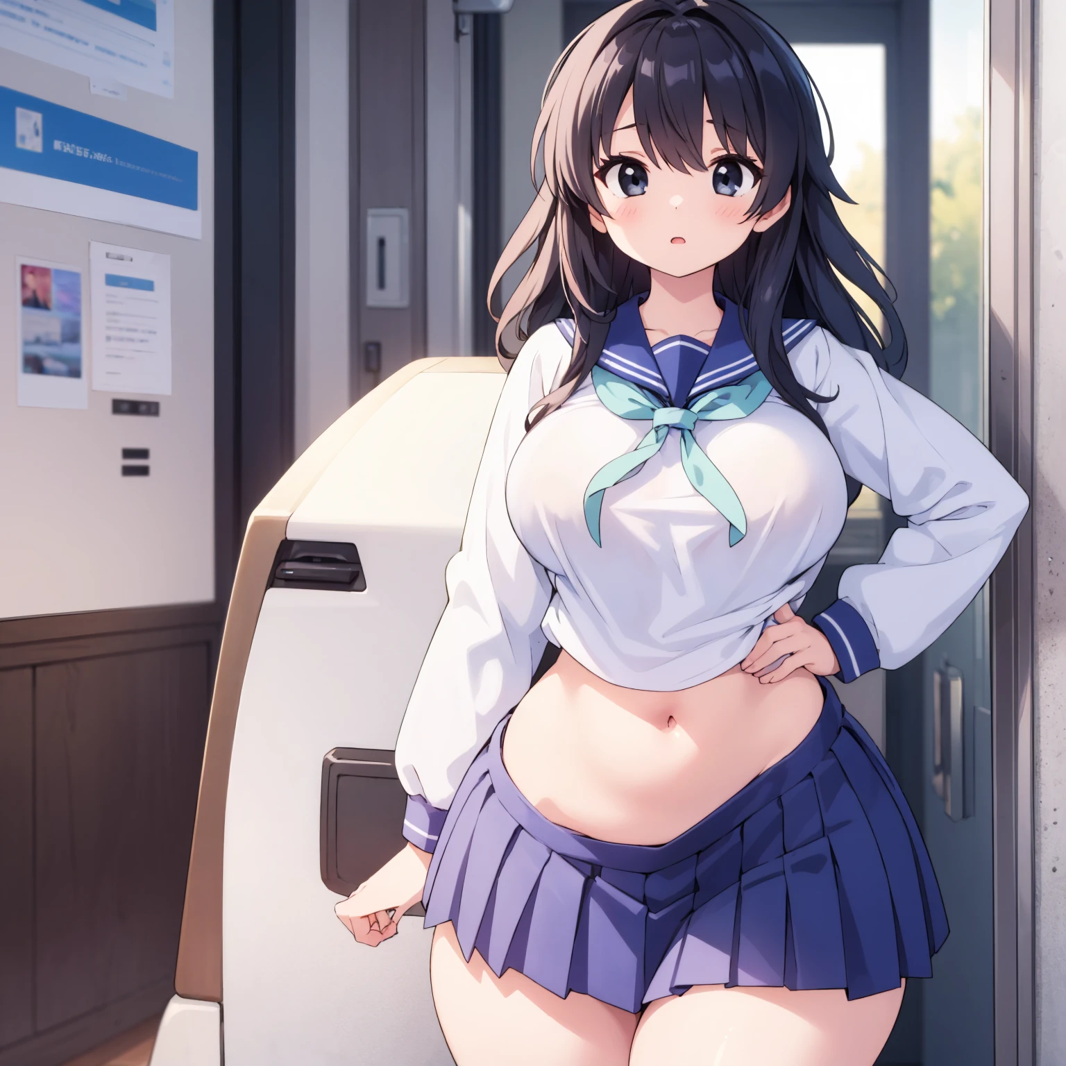 a very cute girl in white bikini, medium breasts, ((navel)), (plump thighs), black hair, lockerroom,