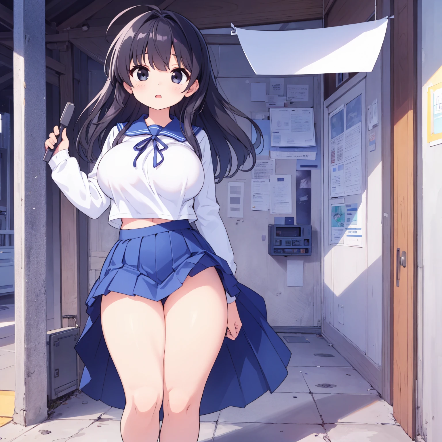 (((High quality))), 1girl, solo, black hair, messy hair, bangs, black eyes, large breasts, wide hips, tall, thick thighs, white blouse, blue skirt, sailor uniform, eyes wide open