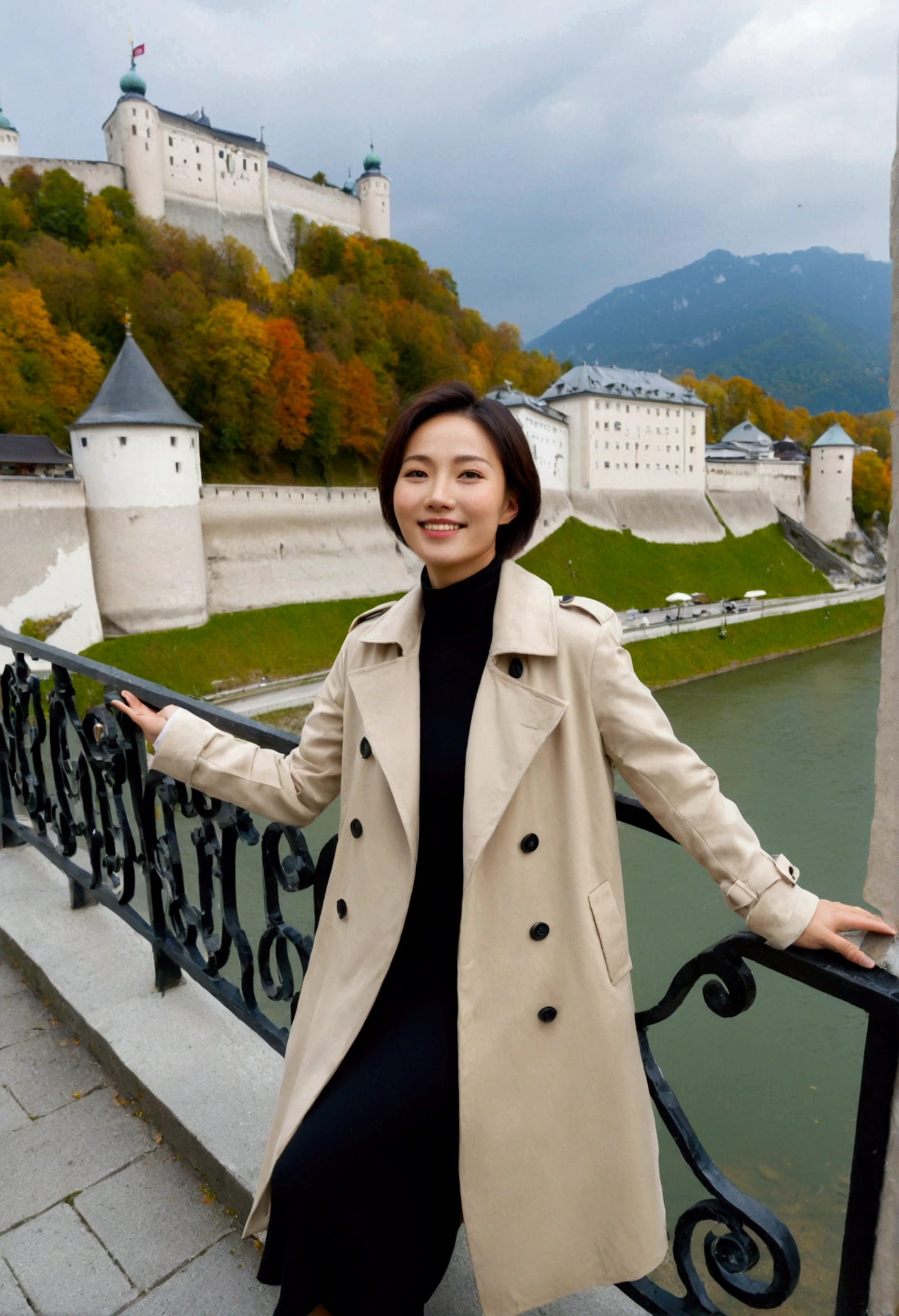 high quality, 1 woman, ((36-year-old healthy Korean woman)), ((36 years old)), 1 woman, eyes are big and beautiful. ((slim)), ((short medium hair)), Smile. pose: standing, light trench coat, background:Your residence is a baroque townhouse with a plaster façade and wrought iron railings.., autumn, Maple, Overlooking the Salzach River and Hohensalzburg Fortress, looking slightly up, 1 woman, Full body shot with Canon 16-34 wide angle lens, river view