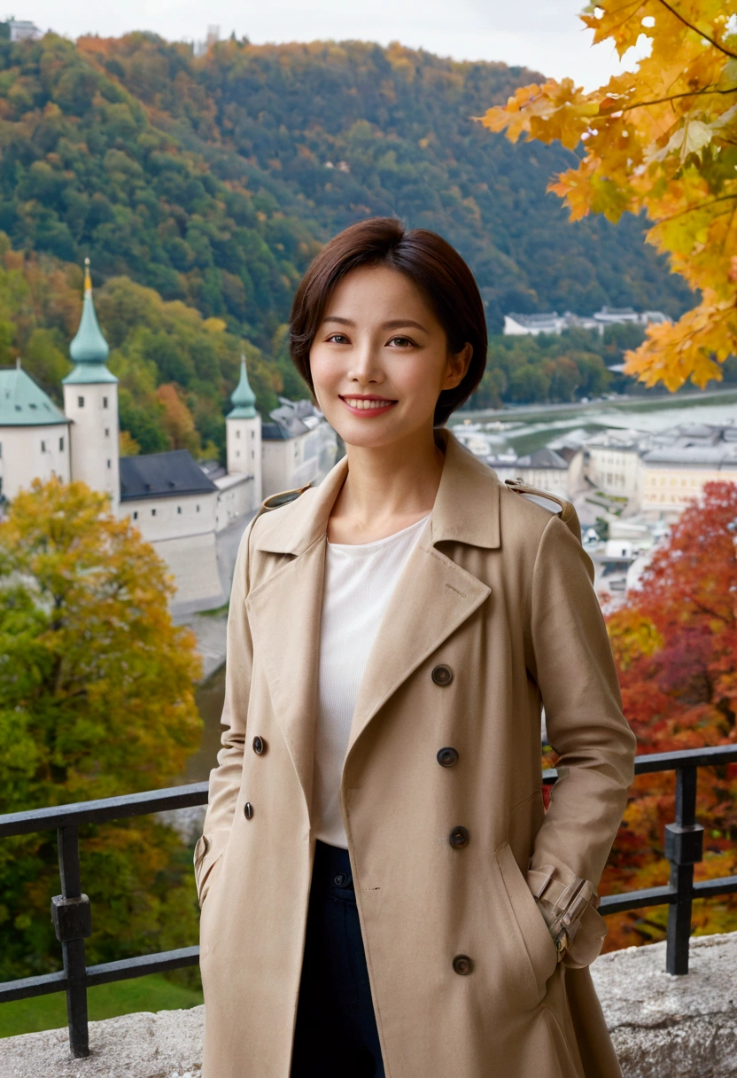high quality, 1 woman, ((36-year-old healthy Korean woman)), ((36 years old)), 1 woman, eyes are big and beautiful. ((slim)), ((short medium hair)), Smile. pose: standing, light trench coat, background:Your residence is a baroque townhouse with a plaster façade and wrought iron railings.., autumn, Maple, Overlooking the Salzach River and Hohensalzburg Fortress, looking slightly up, 1 woman, Full body shot with Canon 16-34 wide angle lens, river view