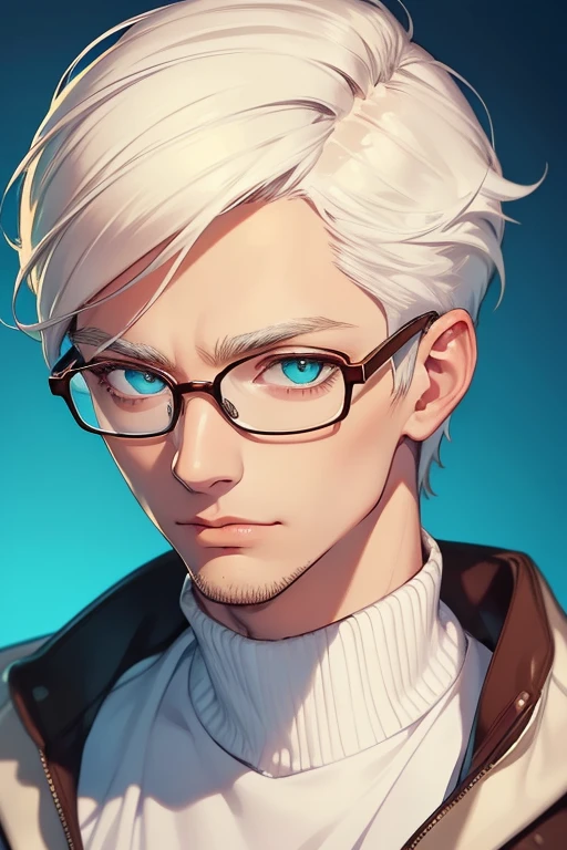 ((Masterpiece, Highest Quality)), Detailed Face, male, white sweater, turquoise eyes, (((Top Quality))), Short hair, Shaved whiskey,Spits, white colored hair, Stylish glasses