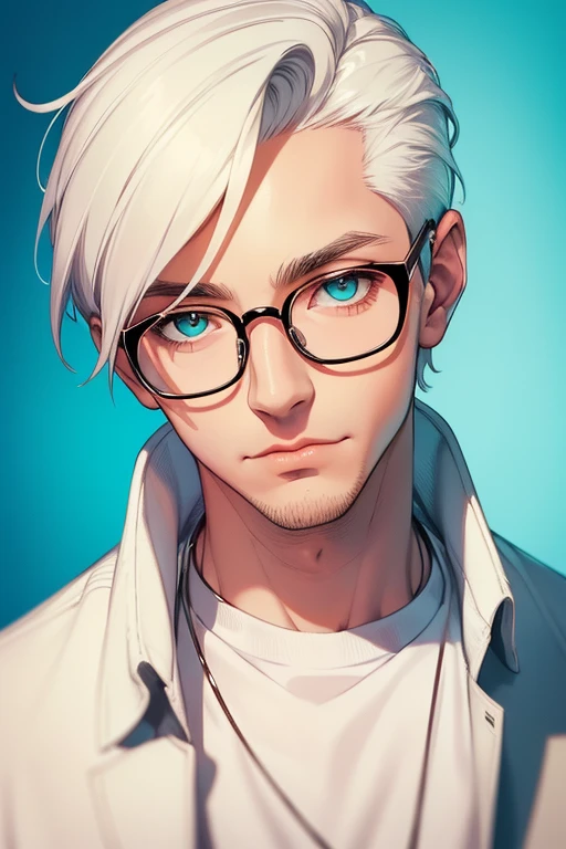 ((Masterpiece, Highest Quality)), Detailed Face, male, white sweater, turquoise eyes, (((Top Quality))), Short hair, Shaved whiskey,Spits, white colored hair, Stylish glasses