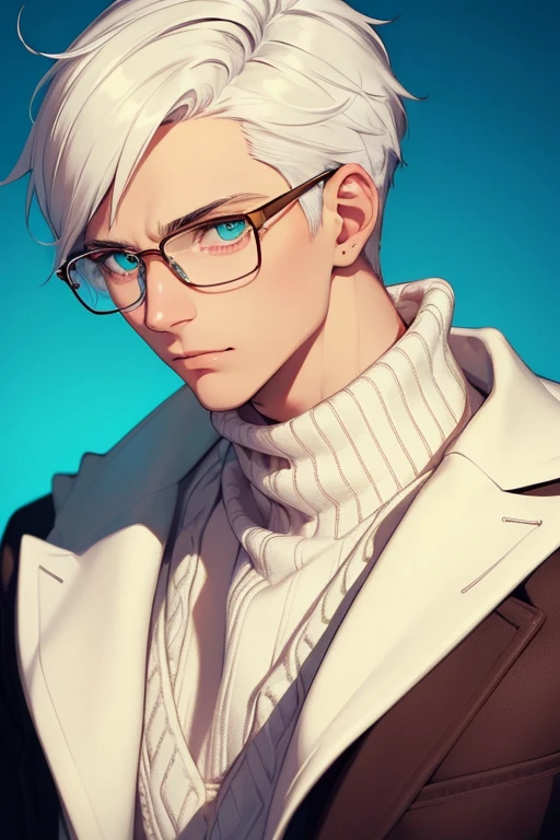 ((Masterpiece, Highest Quality)), Detailed Face, male, white sweater, turquoise eyes, (((Top Quality))), Short hair, Shaved whiskey,Spits, white colored hair, Stylish glasses