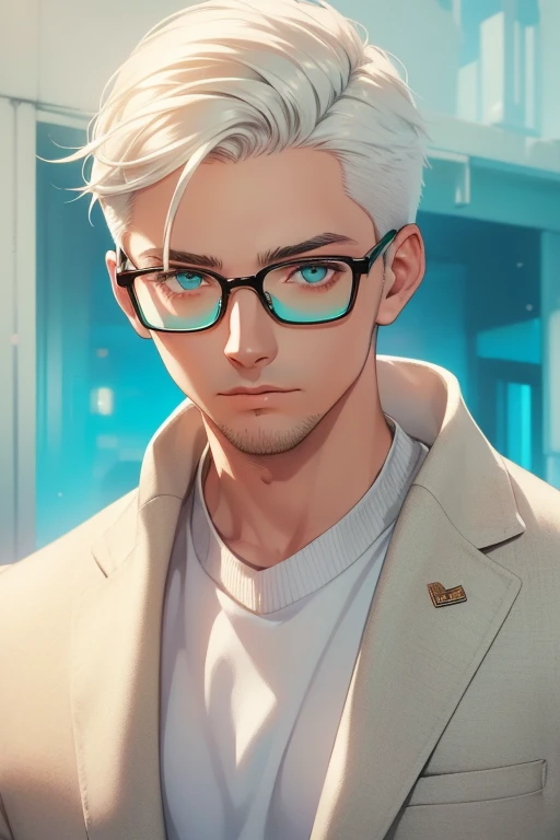 ((Masterpiece, Highest Quality)), Detailed Face, male, white sweater, turquoise eyes, (((Top Quality))), Short hair, Shaved whiskey,Spits, white colored hair, Stylish glasses