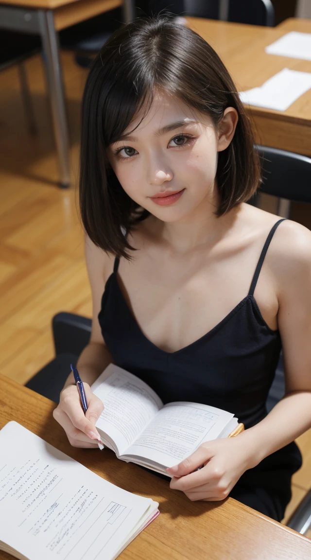 nsfw,(masterpiece, best quality, highly detailed, ultra detailed, high resolution, absurdres, 4K, 8K),(1girl),,japanese girl,smile,(straight hair,short hair,early teenll breasts),munechira, school,(studying:1.5),desk,notebook,, from above, leaning forward