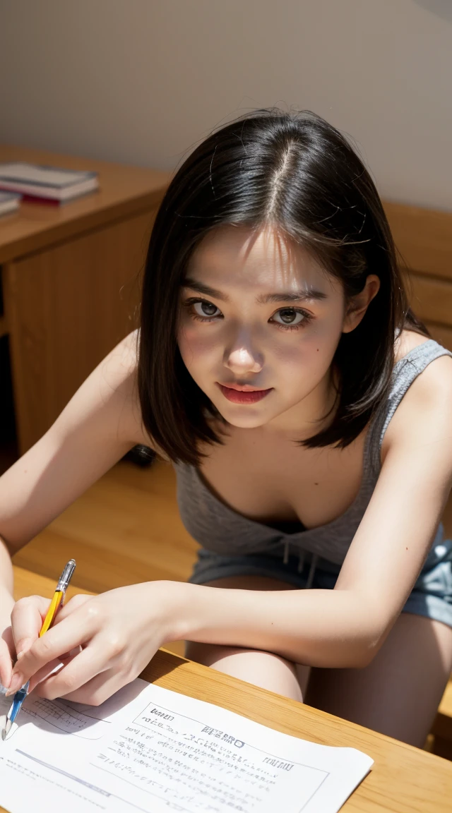 nsfw,(masterpiece, best quality, highly detailed, ultra detailed, high resolution, absurdres, 4K, 8K),(1girl),14yo,japanese girl,smile,(straight hair,short hair,early teen,small breasts),munechira, school,(studying:1.5),desk,notebook,, from above, leaning forward