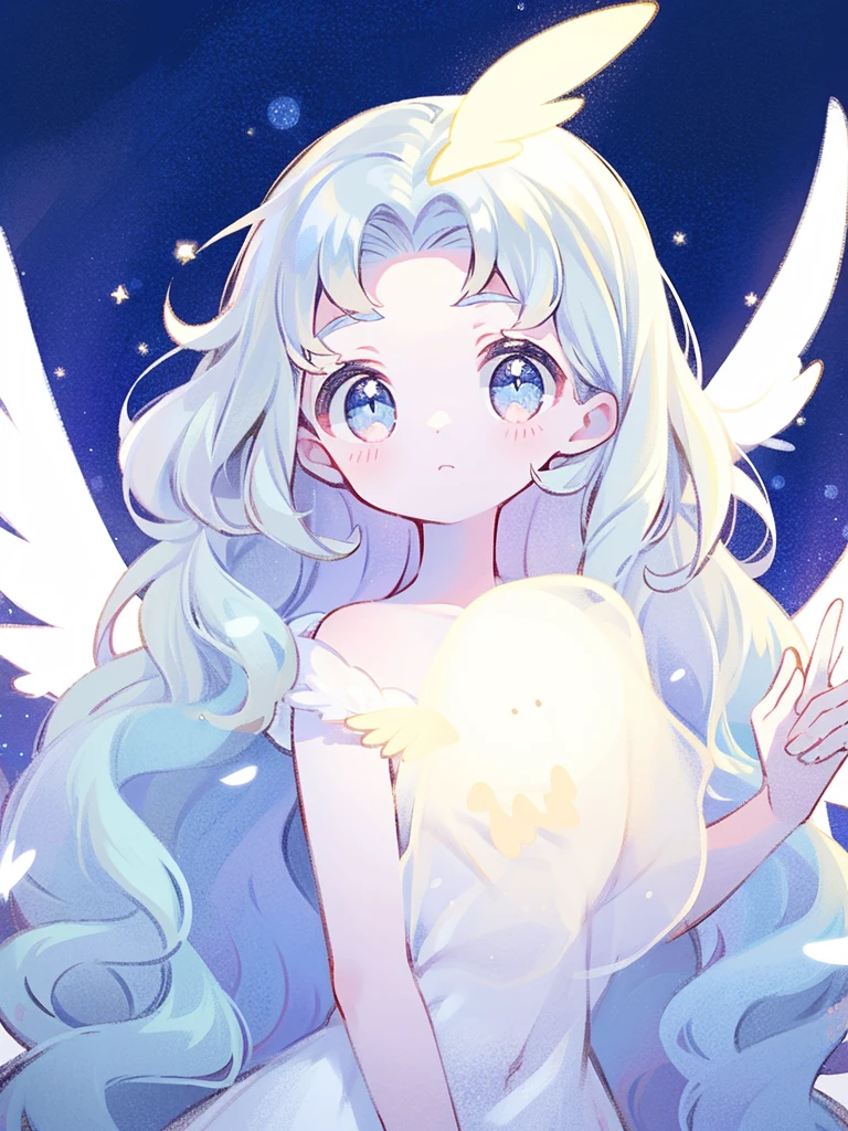 nude angel girl wearing an ethereal translucent dress, pale skin, ((blue mint wavy hair)), white feathers, angel wings, sparkling detailed eyes, golden ratio face, perfect composition, highly detailed, ethereal, (starry night sky background), midjourney style