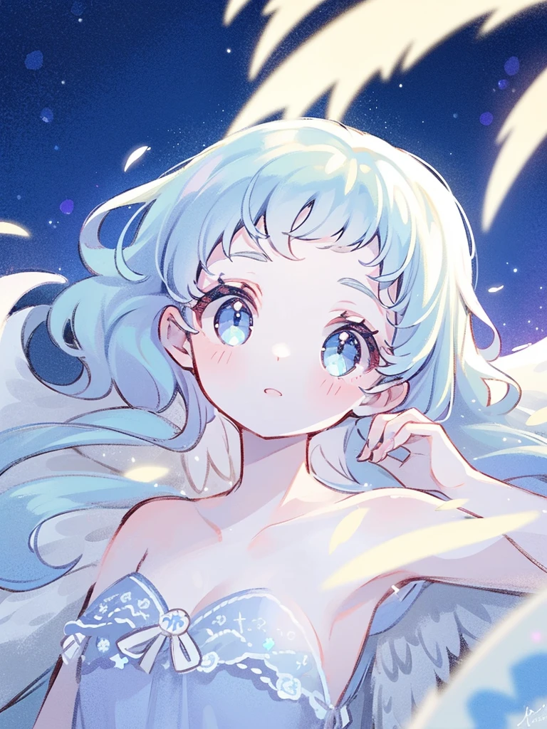 nude angel girl wearing an ethereal translucent dress, pale skin, ((blue mint wavy hair)), white feathers, angel wings, sparkling detailed eyes, golden ratio face, perfect composition, highly detailed, ethereal, (starry night sky background), midjourney style