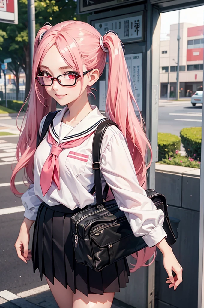 1girl, beautiful girl, cute girl and idol face, young face, smile, Beautiful long pink hair, twintails, Beautiful shining red eyes, white skin, slender, Short body, black-rimmed glasses, Japanese High School Girls' Uniforms, Schools, schoolyards, and commuting, school bag