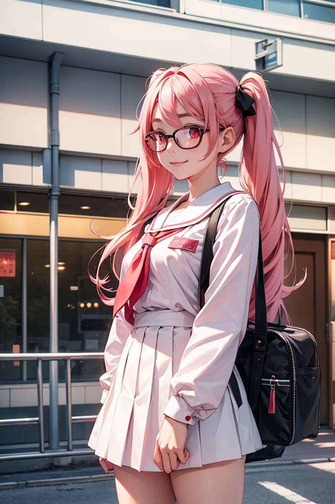 1girl, beautiful girl, cute girl and idol face, young face, smile, Beautiful long pink hair, twintails, Beautiful shining red eyes, white skin, slender, Short body, black-rimmed glasses, Japanese High School Girls' Uniforms, Schools, schoolyards, and commuting, school bag