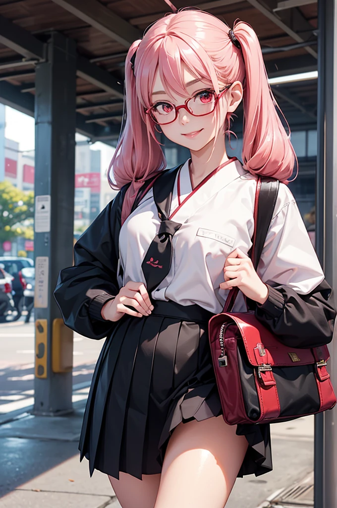 1girl, beautiful girl, cute girl and idol face, young face, smile, Beautiful long pink hair, twintails, Beautiful shining red eyes, white skin, slender, Short body, black-rimmed glasses, Japanese High School Girls' Uniforms, Schools, schoolyards, and commuting, school bag 
