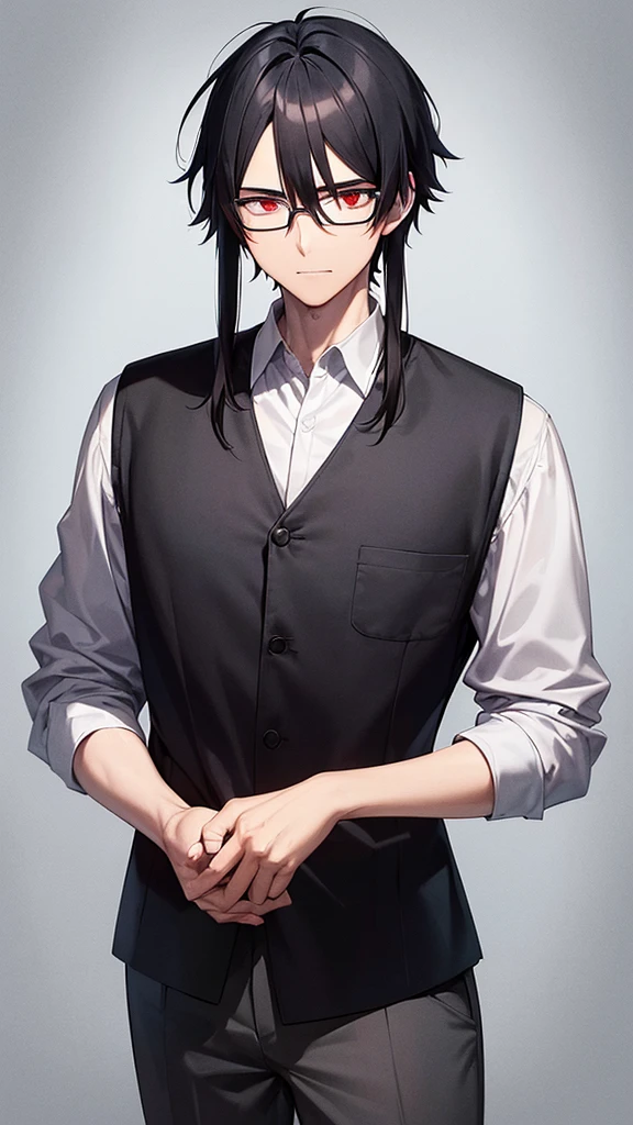A man with Black hair with a short middle part and the ends of his hair is red, has red eyes and plus-shaped pupils, wears rectangular glasses With the frame below empty, he has a handsome, soft and kind face, he wears a white shirt and a gray vest, his appearance looks like a college student,,He looked at the camera with his gentle face