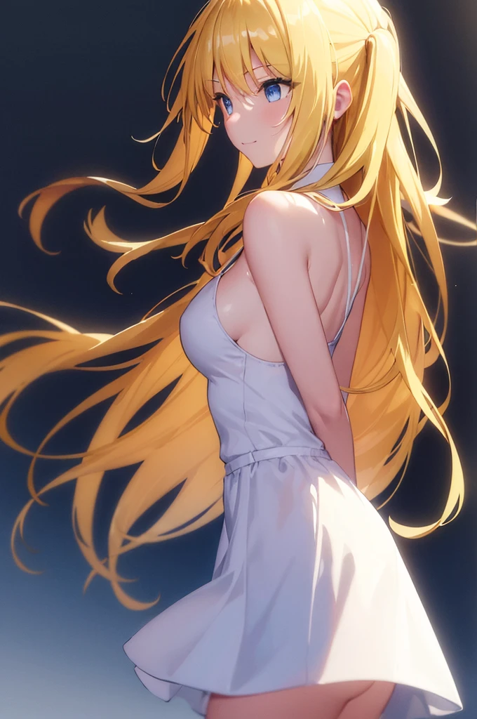 (masterpiece:1.3), (best quality:1.2), (8k, ultra detailed, ultra high res:1.2), ((anime style)), perfect anatomy,
1girl,
BREAK long hair, wavy hair, blonde hair, blue eyes,
medium breasts, camisole, (Sequins, white Sequins:1.2), mini skirt,
BREAK smile, (gazing skyward:1.5), standing, (arms behind back:1.3), (from side:1.3),
cowboy shot,
black background,