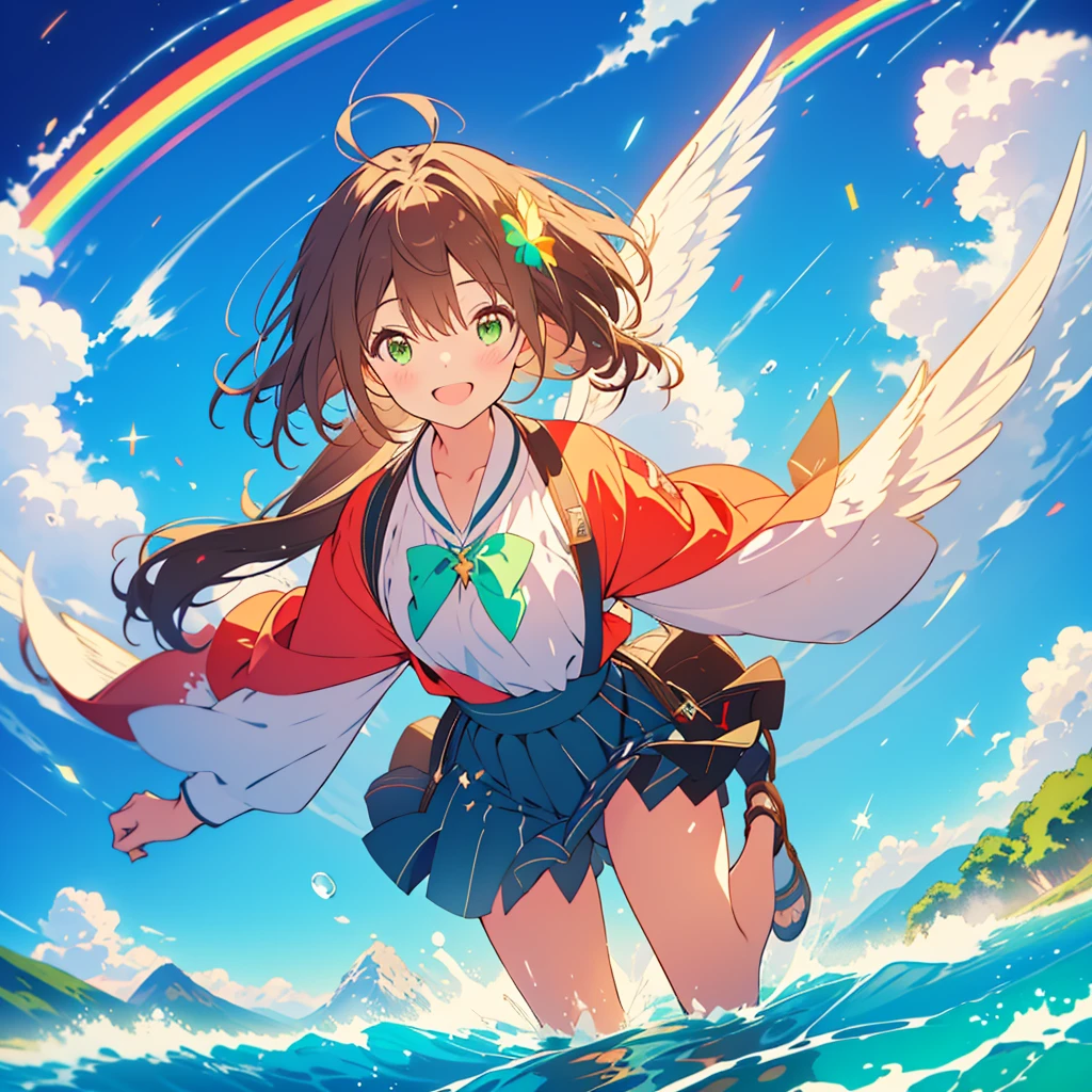 kawaii, anime, Cute, hyper quality, highly detailed, 8k, Front facing, Clarity, brown long hair, green eyes, smile, whole body, heaven, Rainbow colored wings on the back, particles of light, sky background, flapping its wings, Pose with movement, Fantastic, heaven, fantasy, water, Clearly depict facial expressions, fly into the sky, Richly colored, above the sky, Heaven, above the clouds, Composition overlooking the ground, look up at the sky, island country, sparkling sea, sparkling light, dancing in the air, fly off the ground, far away from the ground, jump, iris effect, 