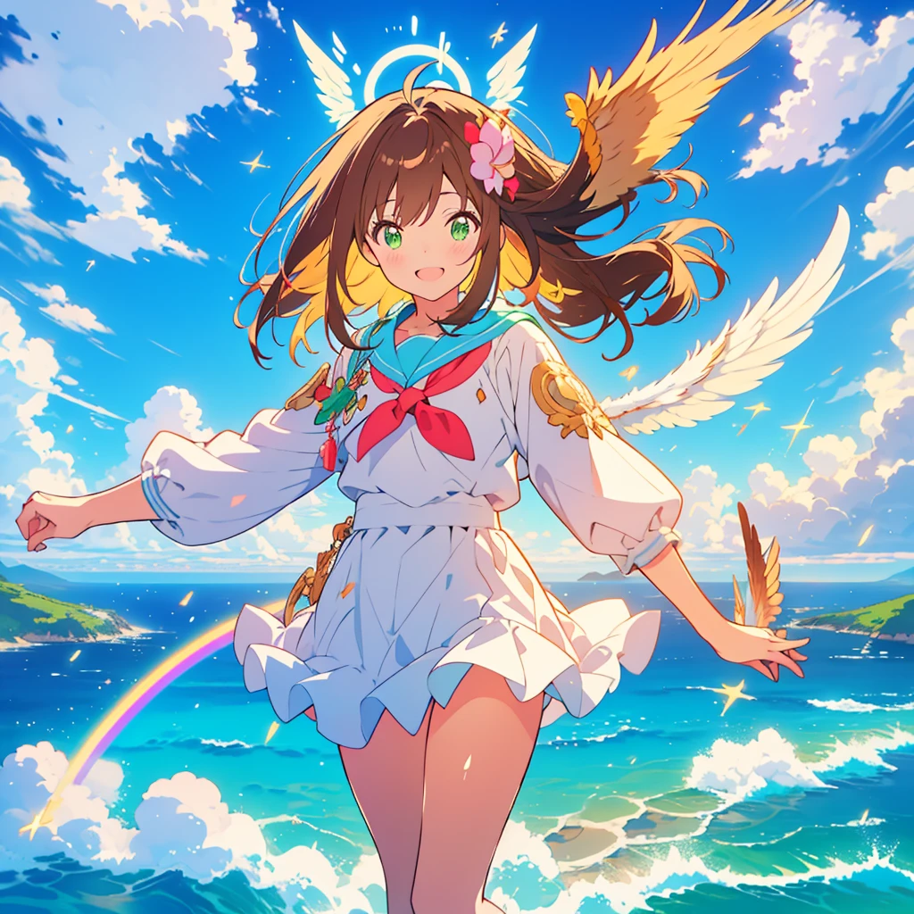 kawaii, anime, Cute, hyper quality, highly detailed, 8k, Front facing, Clarity, brown long hair, green eyes, smile, whole body, heaven, Rainbow colored wings on the back, particles of light, sky background, flapping its wings, Pose with movement, Fantastic, heaven, fantasy, water, Clearly depict facial expressions, fly into the sky, Richly colored, above the sky, Heaven, above the clouds, Composition overlooking the ground, look up at the sky, island country, sparkling sea, sparkling light, dancing in the air, fly off the ground, far away from the ground, jump, iris effect, 